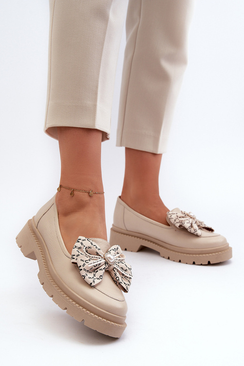 Women's Leather Moccasins With Bow Laura Messi 2787 Beige