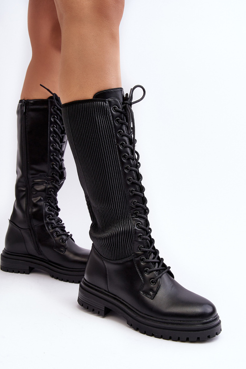 Black Lace-up Knee-high Combat Boots Idandrou