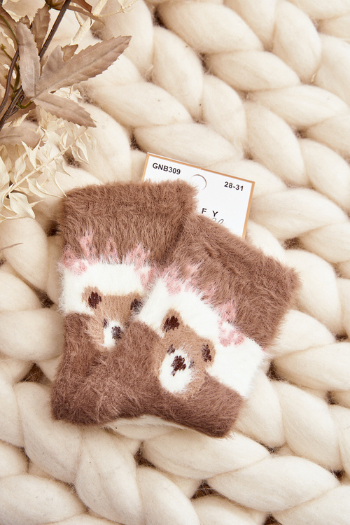 Children's Fur Socks with Bear Brown-White