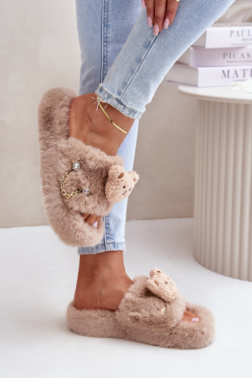 Women’s Furry Slippers With Bear And Decorative Elements Beige Innalise