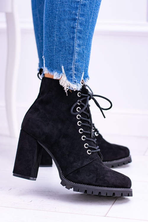 Lu Boo Czarne Zamszowe Botki na Słupku Cyrkonie Halsey