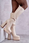 Fashionable Leather Boots On Chunky Heels Beige Meggie