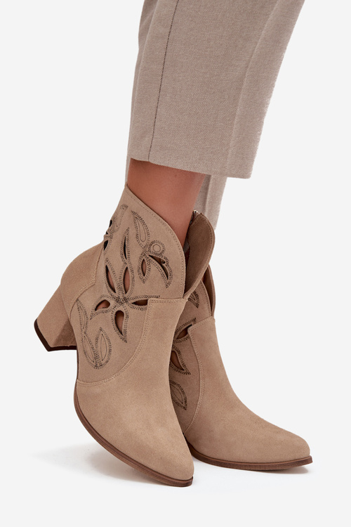 Suede openwork women's ankle boots on heel Zazoo 3647 beige