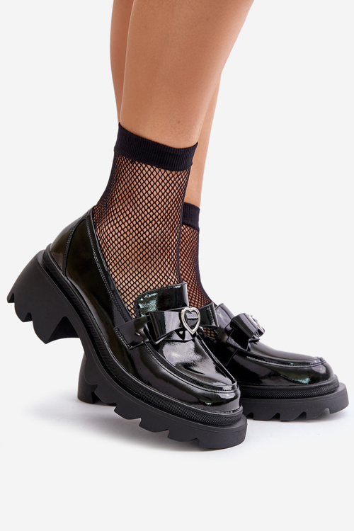 Mokasyny Damskie Skóra Serce Kokardka Czarne D&A LZ42-032