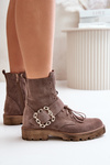 Zazoo 2951 Suede Ankle Boots With Decorative Buckle Dark Beige