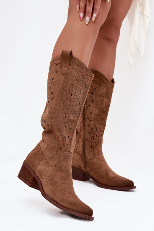 Cowboy Boots With Perforated Pattern On Low Heel Khaki Selirae