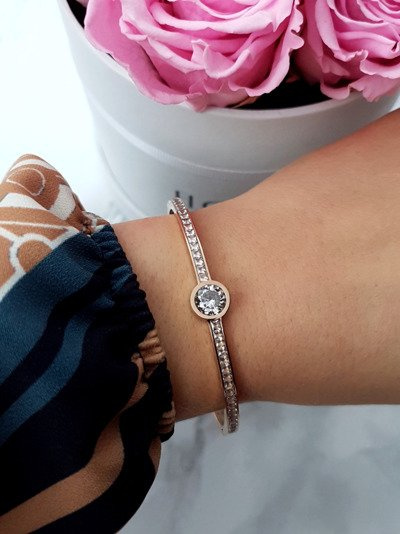 Damska Bransoleta Stalowa Kryształy Cyrkonie Różowe Złoto Quento