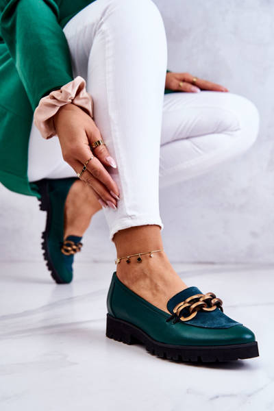 Elegant Leather Loafers With Chain Green Geneva
