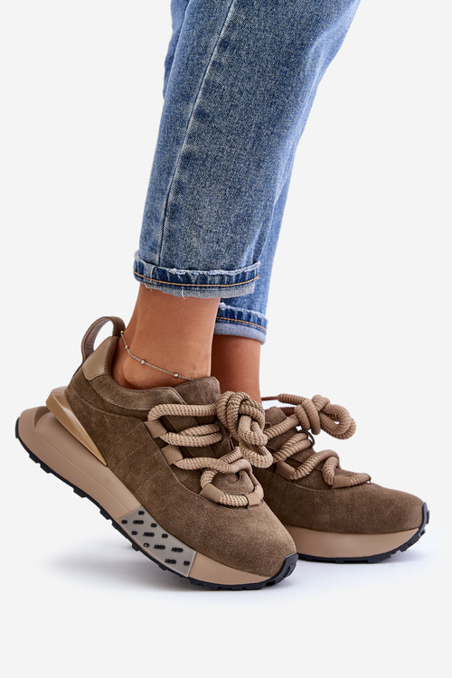 Damskie Zamszowe Sneakersy Grube Sznurowanie Platforma Jasnobrązowe Artiker 54C1466