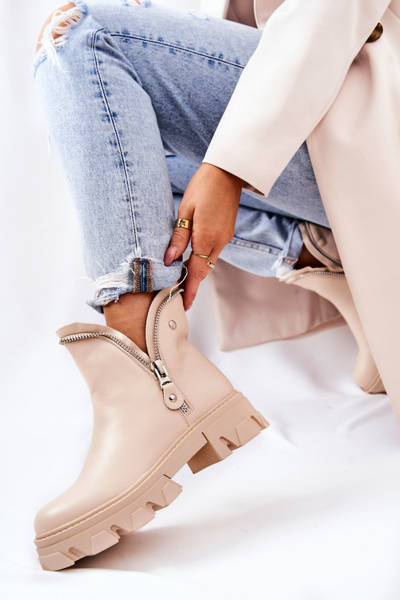 Leather Booties Decorative Zippers Beige Deborah