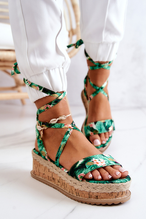 Sandals Espadrilles On Wedge Green Roxanne Flowers