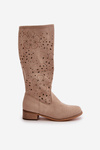 Ladies Perforated Ankle Boots On Low Heel Eco Suede Zip Fastening Light Beige Orchides