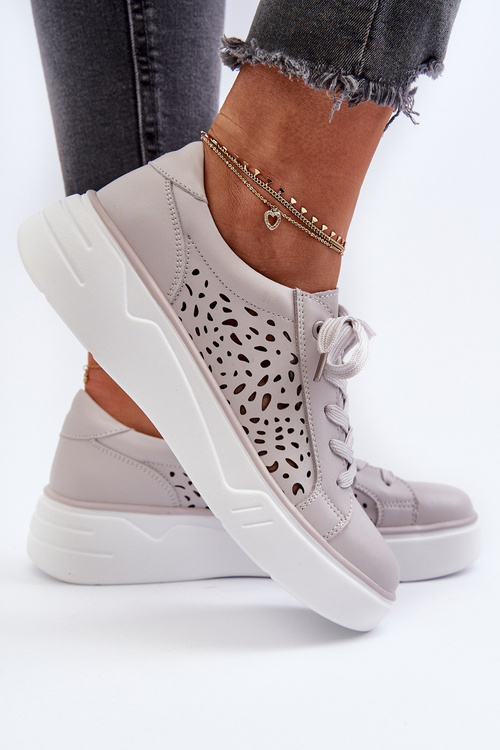 Sneakersy Ażurowe Na Platformie Skóra Naturalna Szare Peilaeno 24SP18-6880