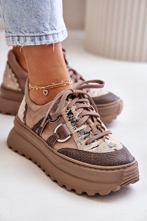 Sneakersy Damskie Skóra Naturalna Platforma Ciemnobeżowe Maciejka 06562-10