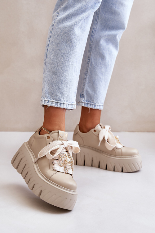 Damskie Sneakersy Masywna Podeszwa Ozdoba Beżowe CheBello 4530