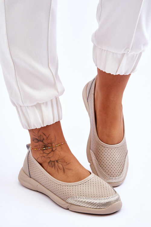 Baleriny Skóra Damskie Ażur Beżowe Lucy