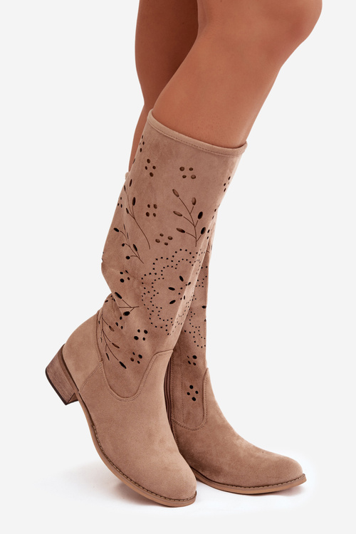 Openwork Women's Boots on Block Heel Khaki Helinna