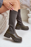 Knee Boots With Elastic Shaft On Flat Heel Light Beige Mesidra