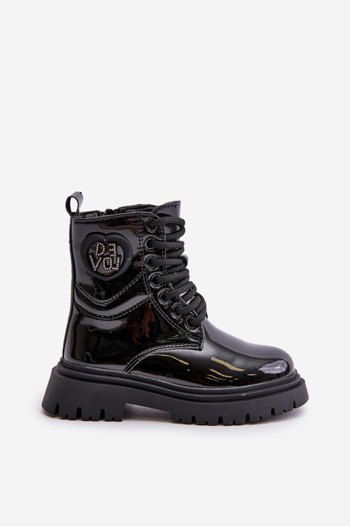 Botki Dziewczęce Lakierowane Ocieplane Futerkiem Zamek Czarne Evaliraea