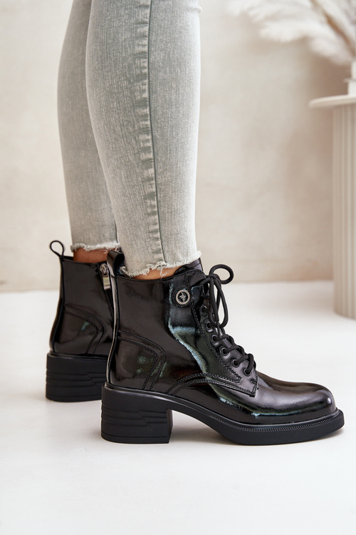 Botki Na Klocku Lakierowane Skórzane Ocieplane Czarne D&A JC42-78