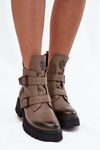 Leather Insulated Women's Ankle Boots With Buckles And Decorative Detail Zazoo 60482 Dark Beige