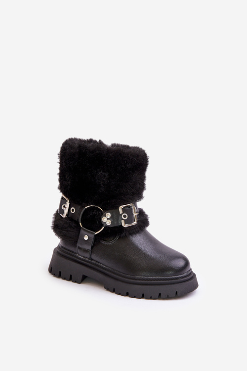 Eco Leather Girls Boots With Fur And Buckles Black Cartemes