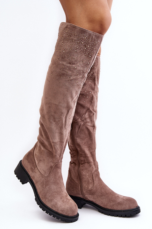 Women's Embellished Over-The-Knee Boots with Flat Heel Beige Cintya