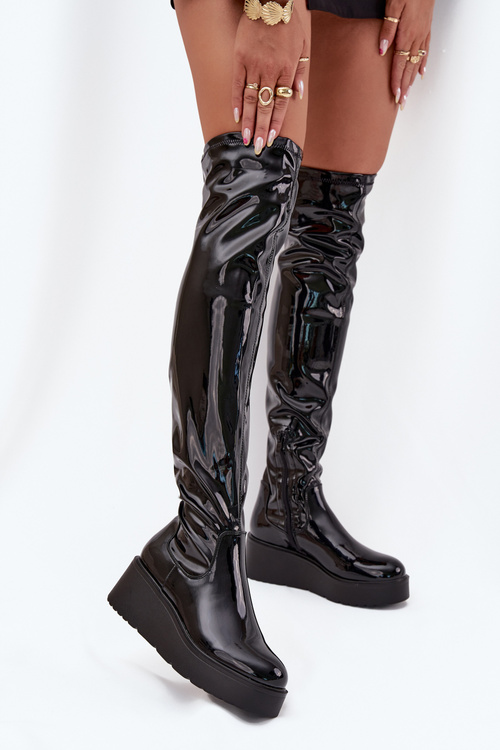 Lacquered Knee High Boots On Platform With Delicate Wedge Black Tavina