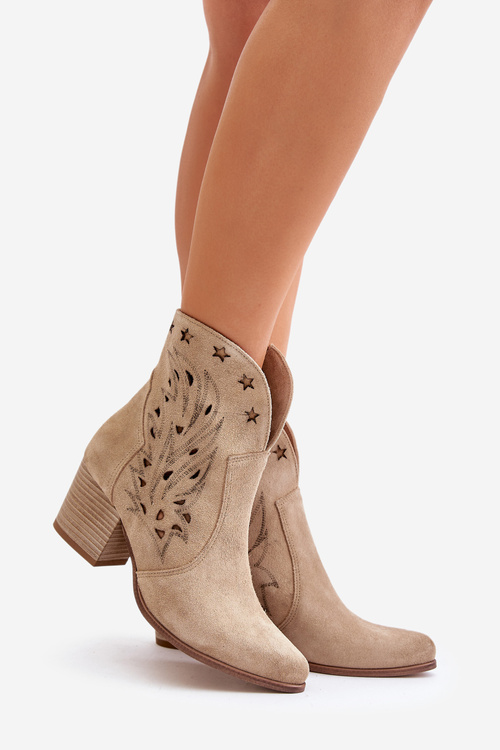 Kowbojki Botki Ażurowe Obcas Słupek Zamsz Beżowe Lewski 3613