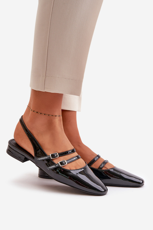 Lacquered Ballet Flats With Straps On Low Heel Black Bialettia
