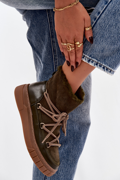 Damskie Śniegowce Z Wiązaniem Ciemnozielone Isalisse