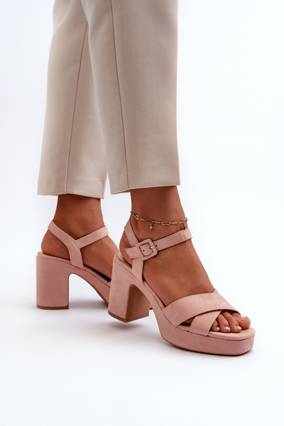 Women's sandals in faux suede on a block heel and platform pink Sakane