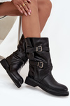 Wrinkled Women's Boots To The Middle Of The Calf With Straps And Buckles Black Halvessa