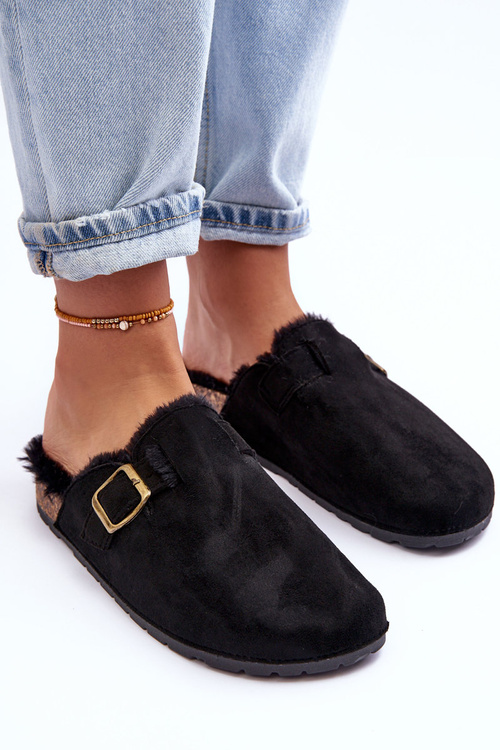 Women's Suede Mules with Faux Fur Black Haidamia