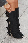 Women's heeled boots with turned-up shaft and gold buckles eco suede black Isavelle