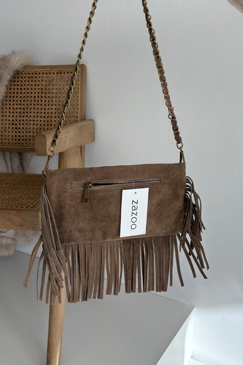 Suede Bag with Fringes on Chain Dark Beige Narella