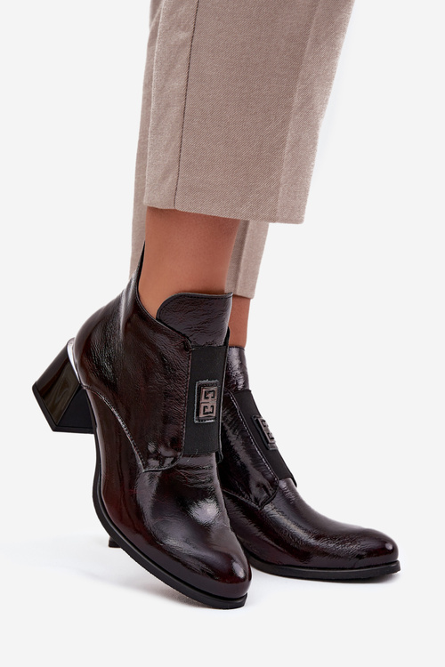 Leather Lacquered Block Heel Ankle Boots with Decorative Detail Insulated Zazoo 60560 Bordeaux