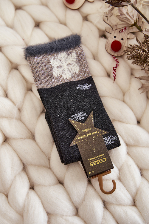 Women's Long Socks with Snowballs Dark Grey