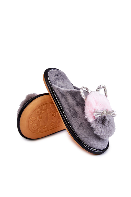 Children's slippers with a kitten and rhinestones gray Carliss