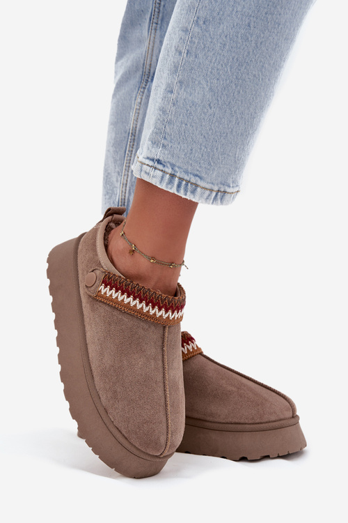 Women's Low Snow Boots With Movable Strap And Embroidery On Platform Dark Beige Lyrisse