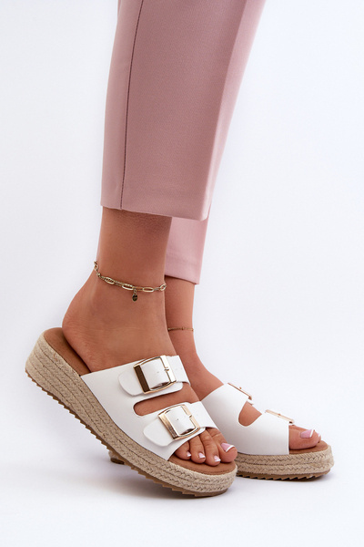 Damskie Klapki Eko Skórzane Z Plecionką Białe Zaloemi C-315