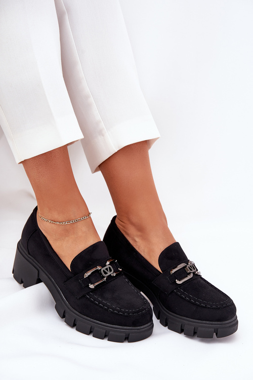 Półbuty Z Eko Zamszu Na Obcasie Ozdoba Czarne Vinceza 39921