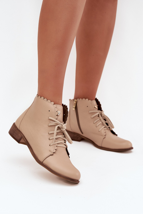 Leather Ankle Boots With Flat Heel Beige Zazoo 2964