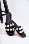 Women's Leather Slippers With Decorative Pearls Black Lasello