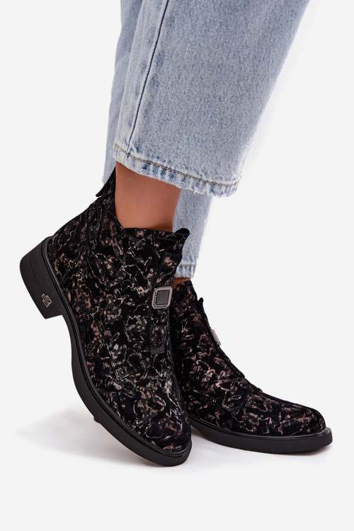 Damskie Botki Zamszowe Eleganckie Niski Obcas Czarno-Brązowe D&A CR52-713