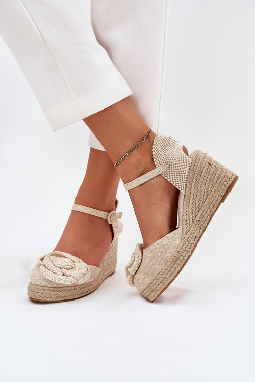 Women's Wedge Sandals With Braiding And Crocheted Flower Beige Ismilea