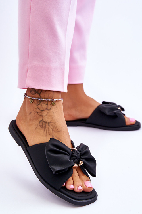 Women's Leather Slippers With Bow Black Becky