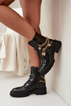 Lacquered Ankle Boots Workers Women's With Golden Chain Insulated Black Sarinae