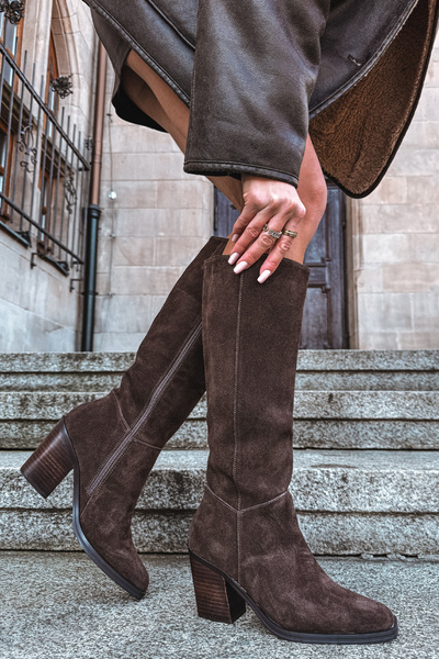 Damskie Kozaki Obcas Słupek Zamek Czekoladowe Lissara