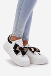 Women's Sneakers With Bow And Brooch With Bear Black-White Leathria